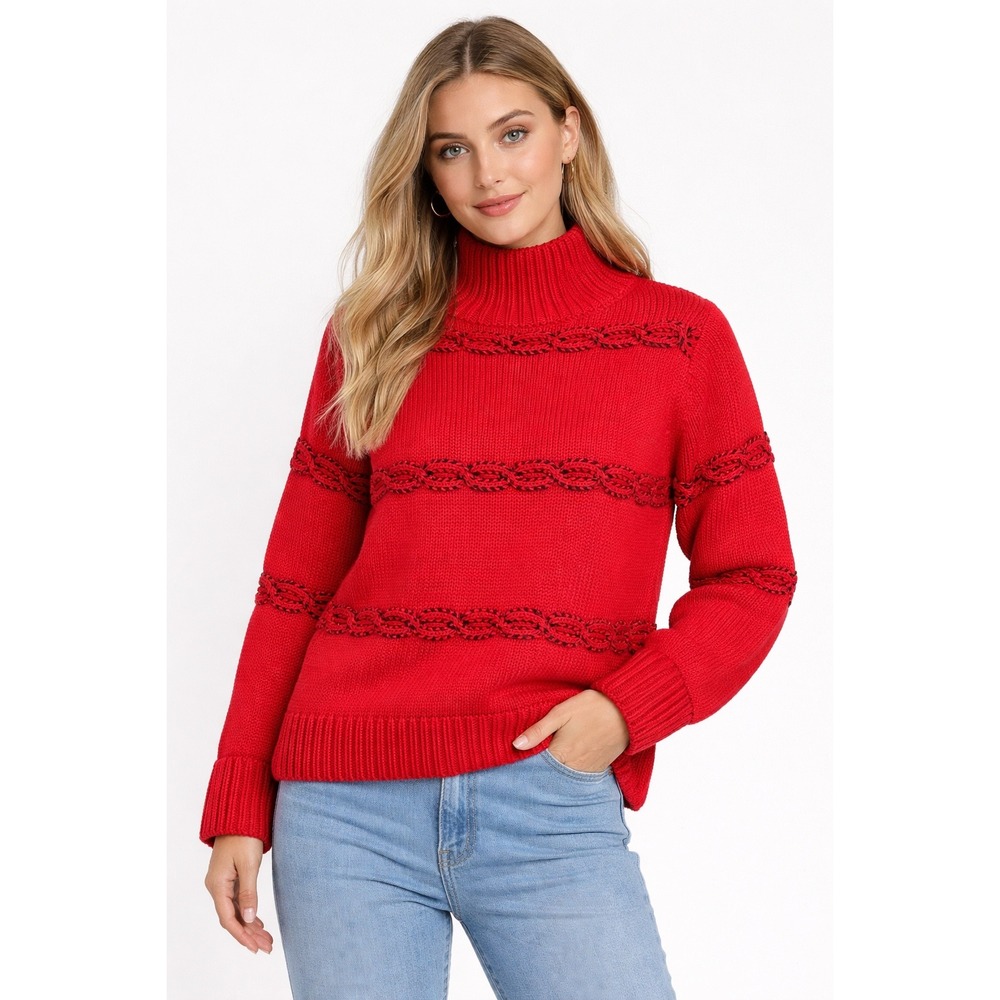 Vtg ICON Red Turtleneck Sweater Chunky Cable Knit‎ Womens M Cotton Made in Peru
